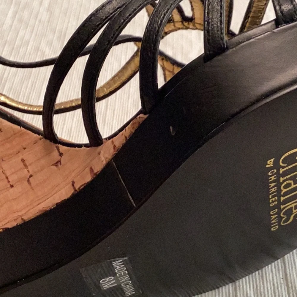 CHARLES by Charles David Cork and Black Leather Wedge Sandal. Size 8 M
